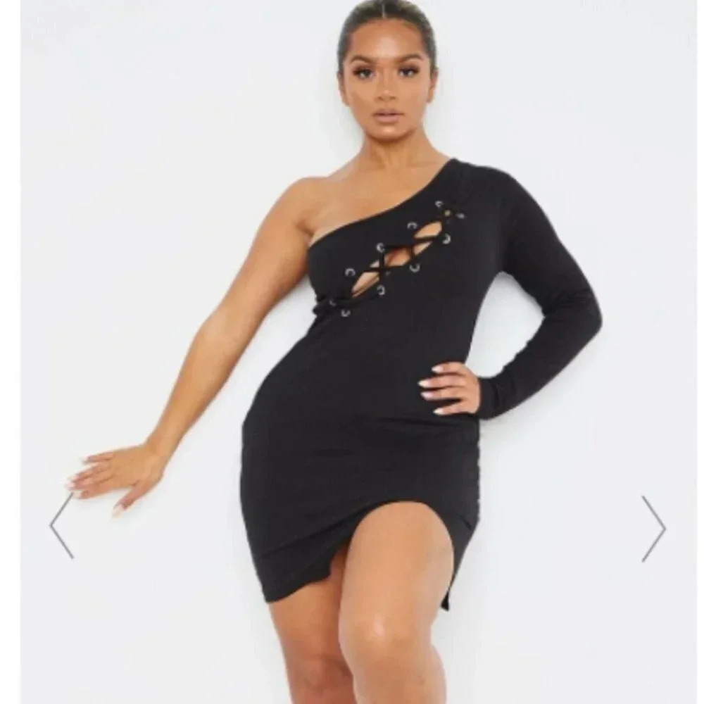 Black Ribbed Cutout‎ Lace Up One Shoulder Bodycon Dress